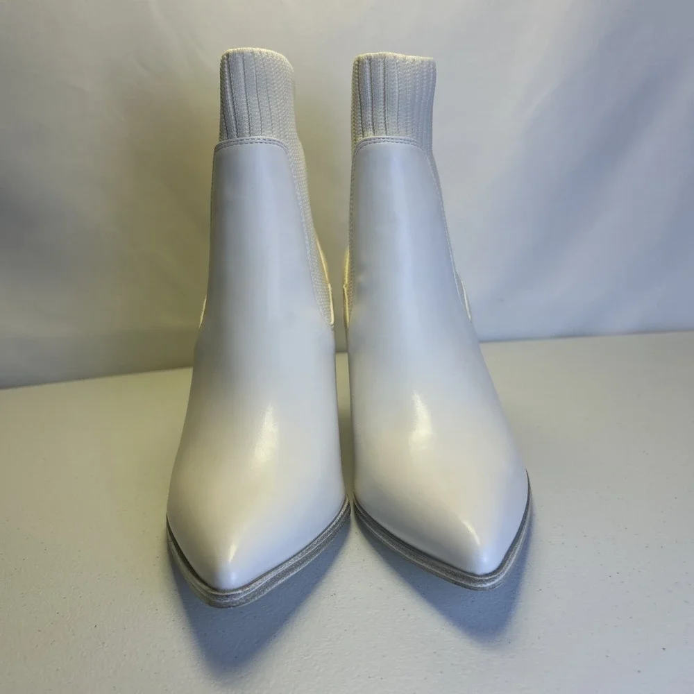 Coutgo Womens Sock Ankle Boots Size 9.5 White Pointed Toe Chunky Block Heel‎ NIB